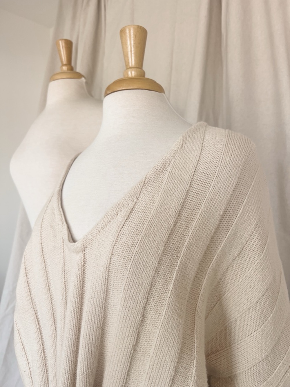 Cream Ribbed V-Neck Women's Sweater - Picture 2 of 5